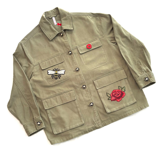 Veste kaki roses rouge