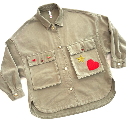 Veste kaki Love rouge oversize