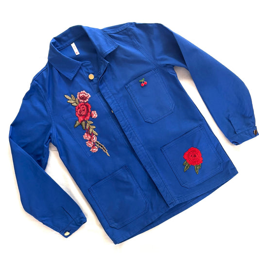 Veste bleue Fleur de lotus et roses rouges