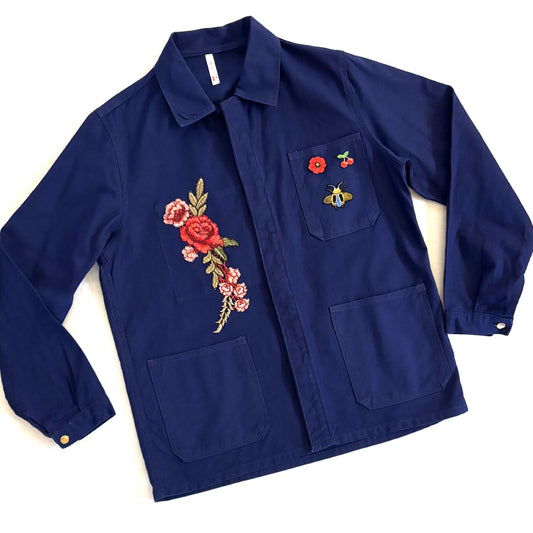 Veste Bleu Fleurs brodées