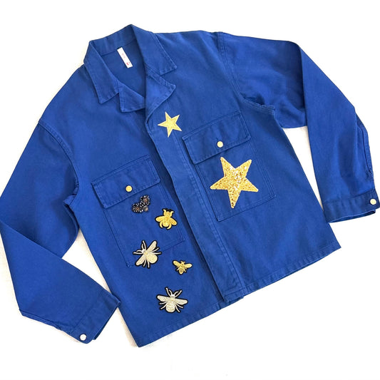 Veste Bleue Coeur Fleuri