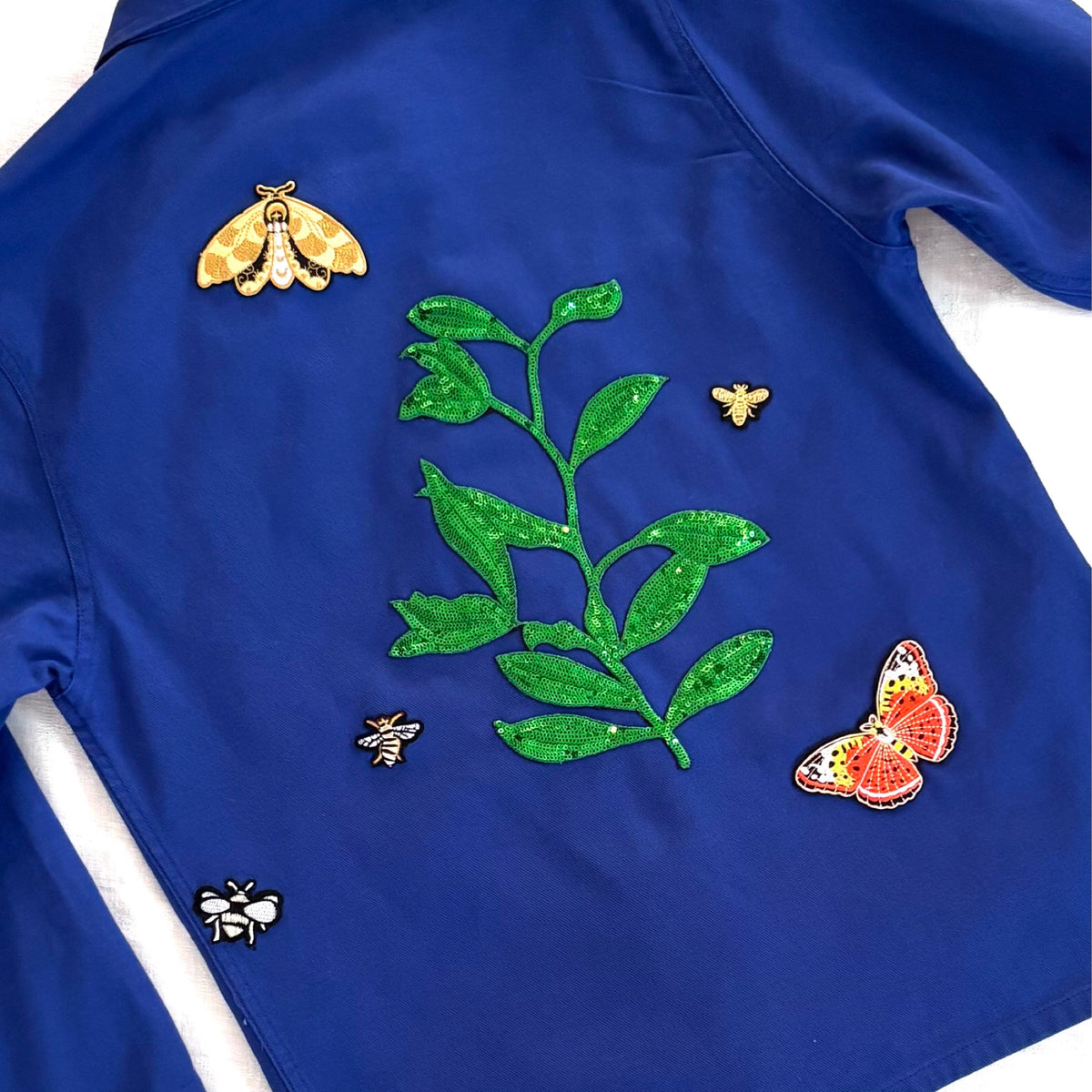 Veste Bleue Feuilles et papillons