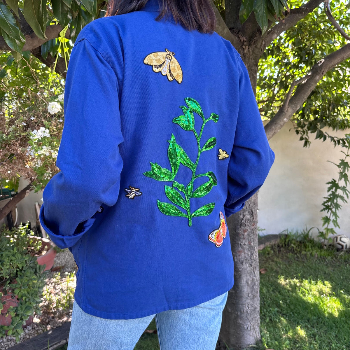Veste Bleue Feuilles et papillons