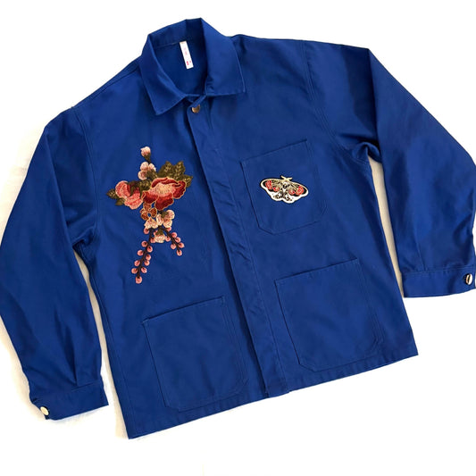 Veste Bleu Pivoines et papillon
