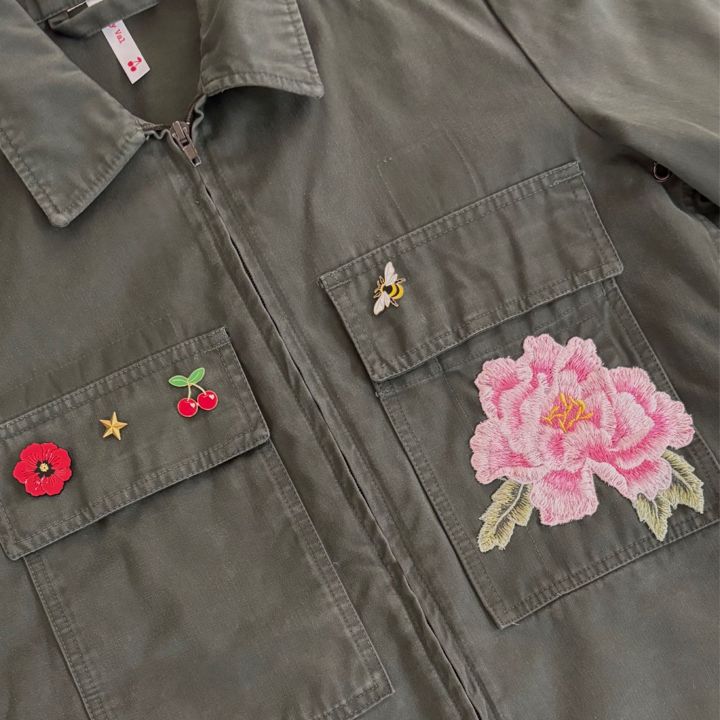 Veste treillis Kaki et Pivoine roses